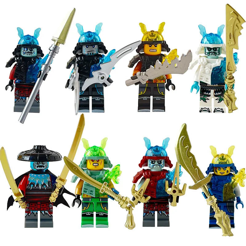 A collection of golden ninja building block figures in various poses and colors.