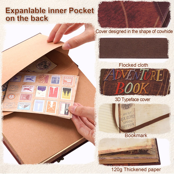An explannable inner pocket on the back of a kraft paper photo album with a cow-themed cover and various accessories.