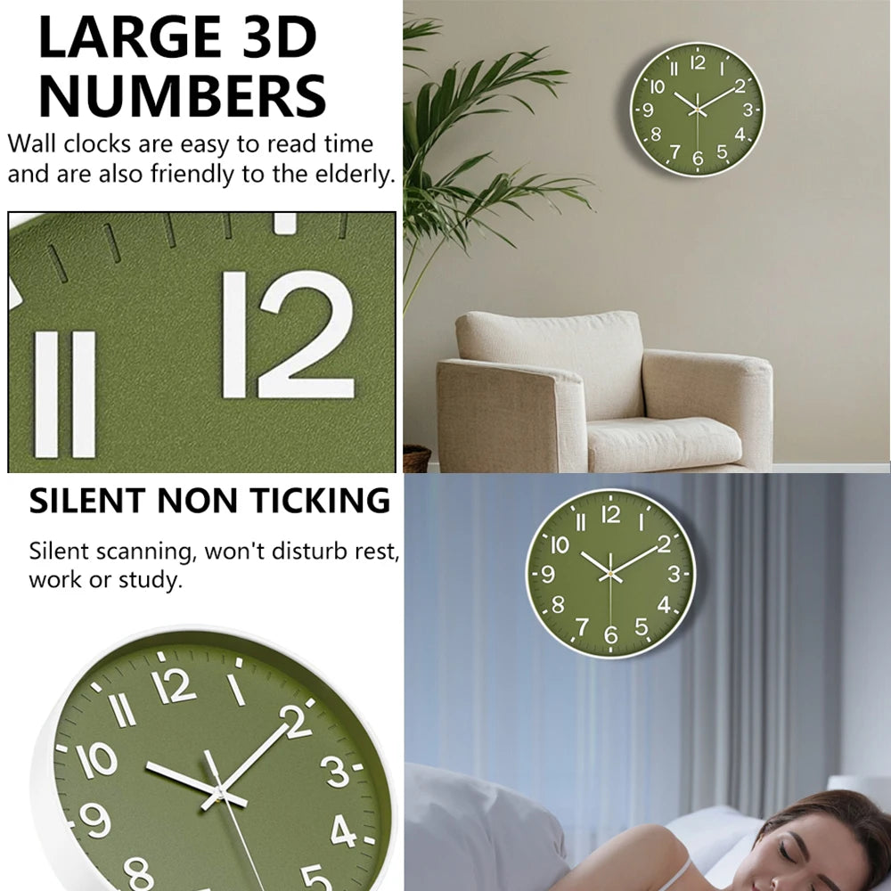 A minimalist wall clock with large 3D numbers and a silent quartz movement displayed in a modern living room setting.