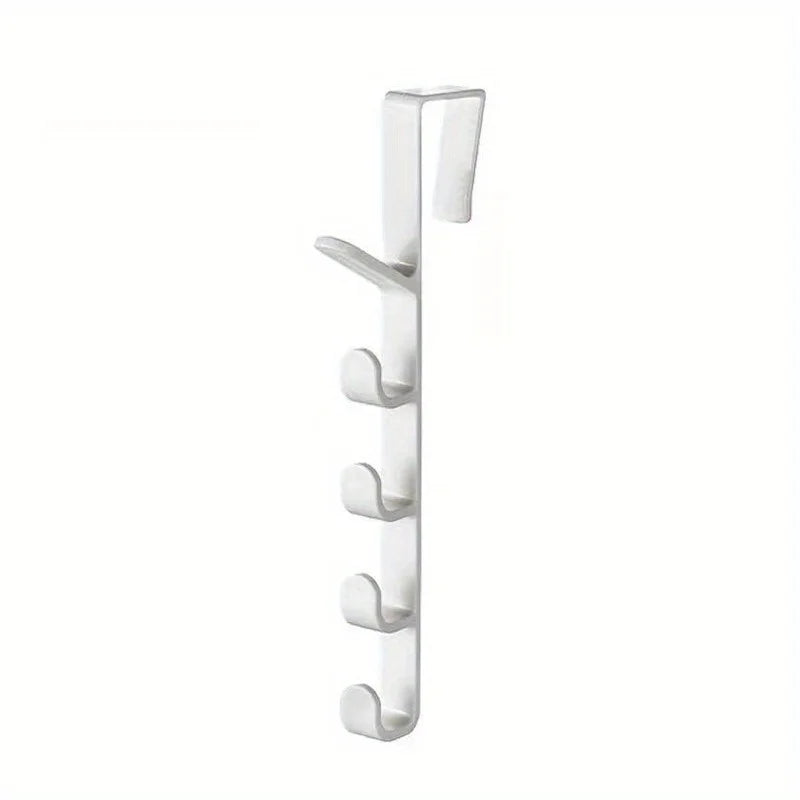 A set of silver over-the-door hooks designed for hanging bags, hats, and scarves.