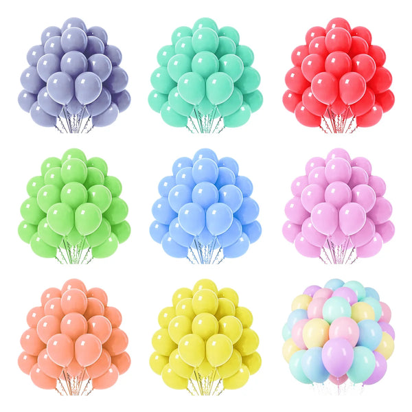A collection of pastel rainbow latex balloons in various shades including purple, mint green, pink, and yellow.