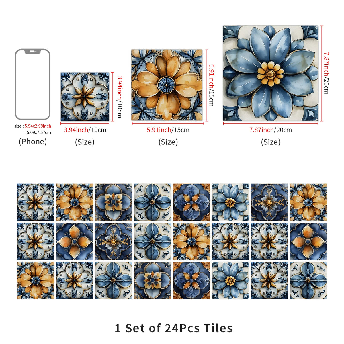A set of 24 self-adhesive waterproof wall tiles featuring blue and gold floral patterns.