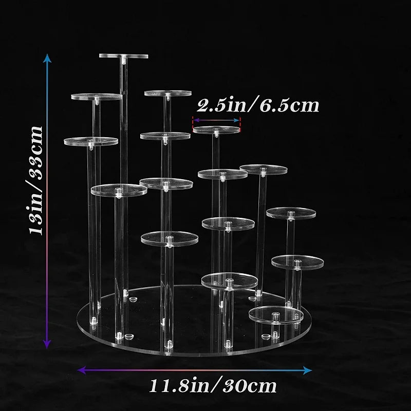 A clear acrylic 16-tier cupcake display rack with a circular base and multiple tiers.
