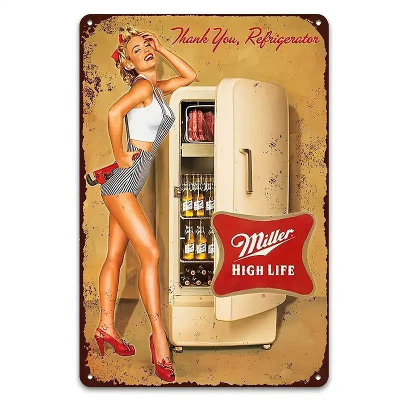 A vintage beer metal tin sign featuring a woman posing next to a refrigerator with the text Thank You, Refrigerator and Mille
