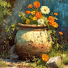 A still life painting of an old terracotta pot filled with bright orange and yellow flowers set against a dark green, leafy b