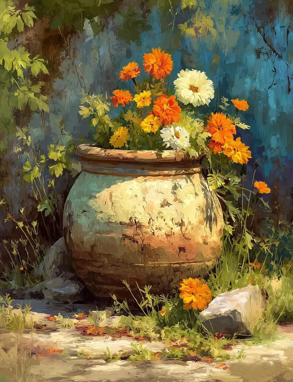 A still life painting of an old terracotta pot filled with bright orange and yellow flowers set against a dark green, leafy b