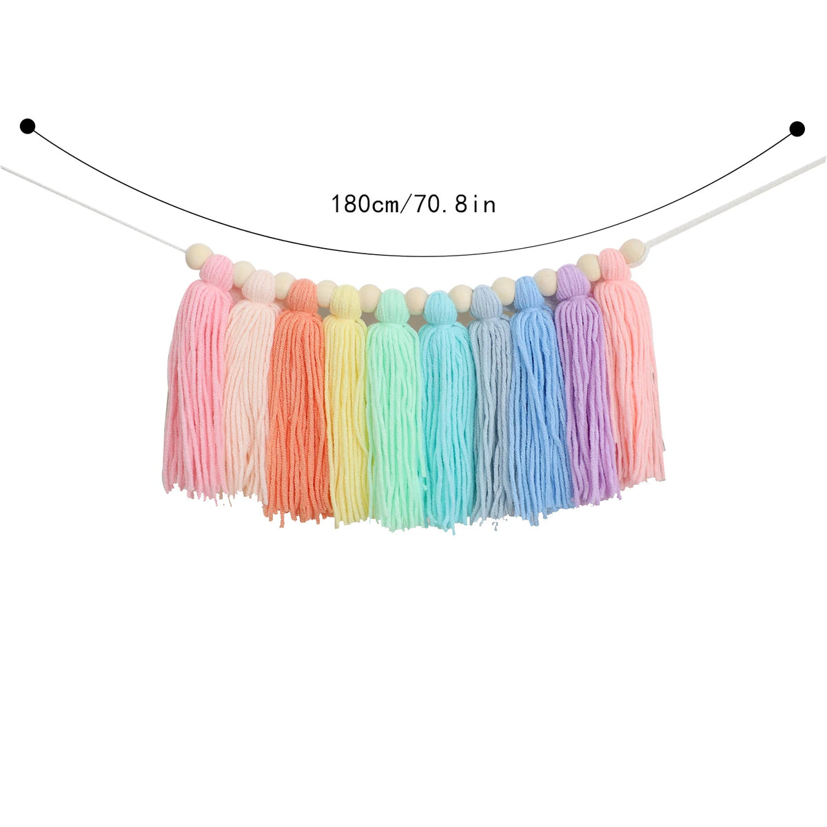 Handmade boho rainbow tassel garland featuring wooden beads in various pastel colors