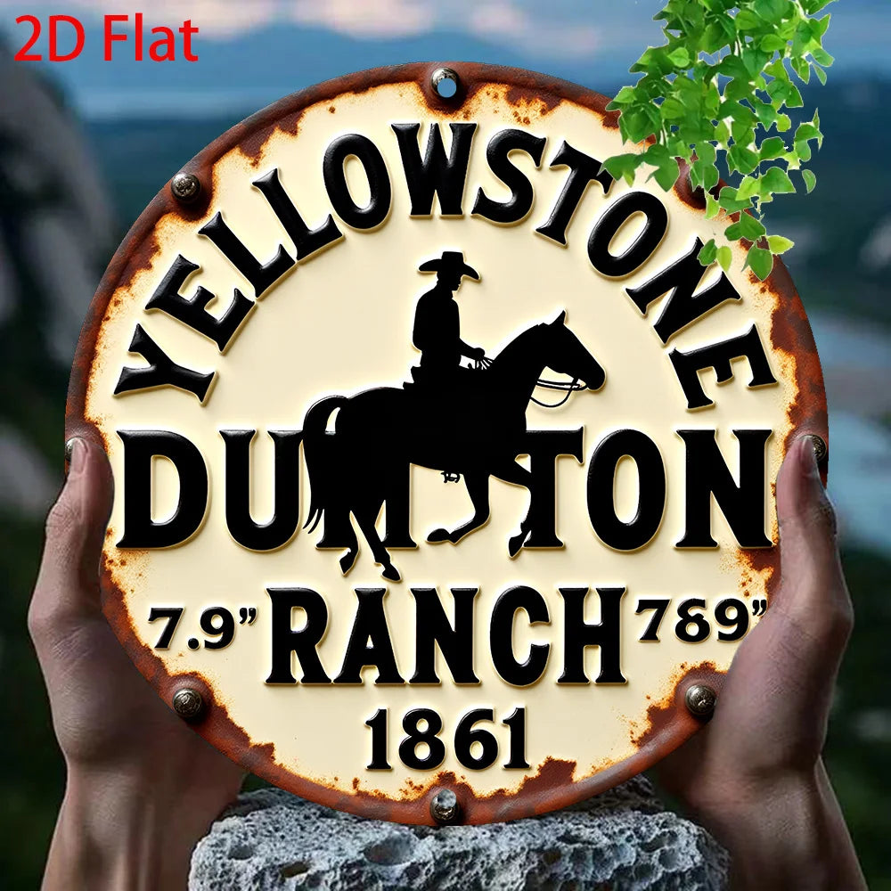 A vintage metal wall sign featuring a silhouette of a horse and rider on a yellow background.