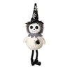 A Halloween ornament featuring a witch hat and scarecrow-like face with black hair and a spider detail.