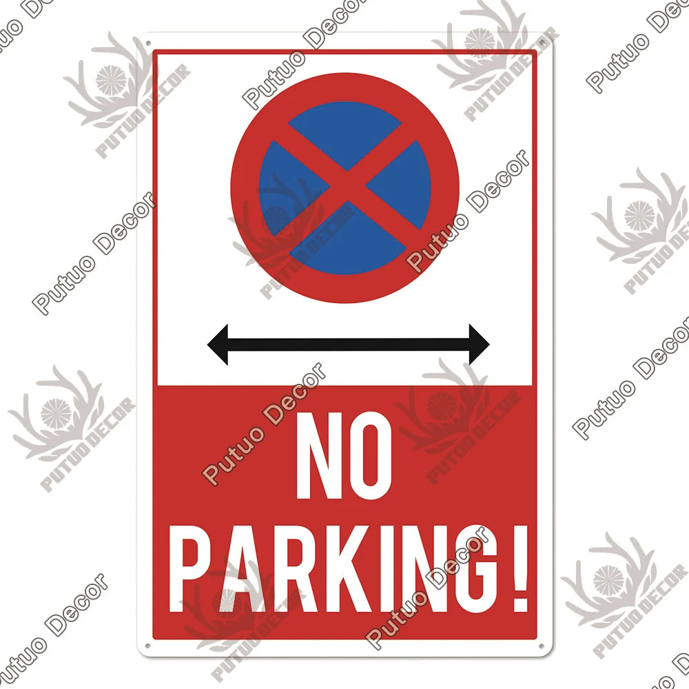 A vintage warning metal sign with a red circle and diagonal cross over a blue background, indicating no parking.