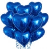 A bunch of shiny blue heart-shaped foil balloons.
