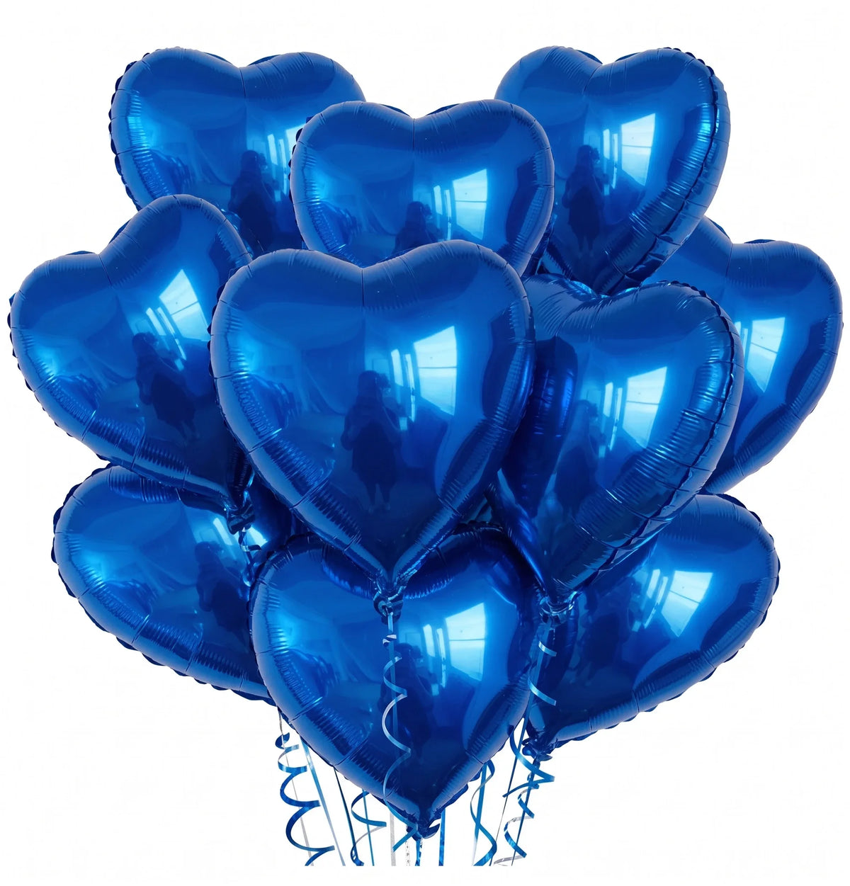 A bunch of shiny blue heart-shaped foil balloons.