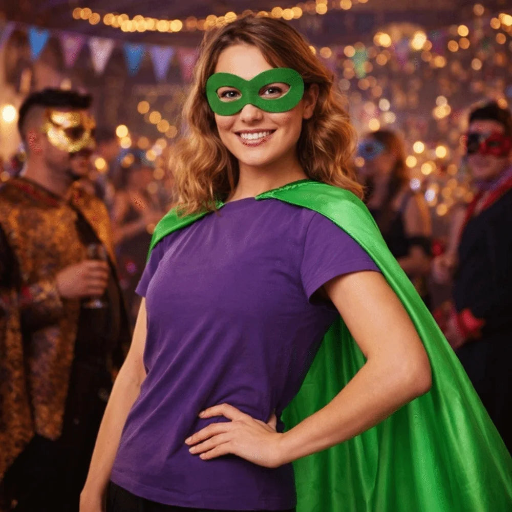 A woman wearing a purple shirt and green cape with a green eye mask, posing in a costume setting.