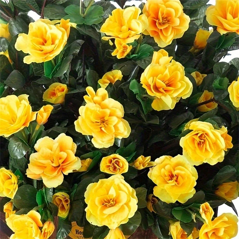 Artificial yellow azalea bush for outdoor decor with green leaves