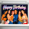 A K-pop inspired birthday party decoration set featuring a backdrop with text and several women posing.