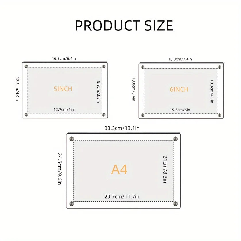 A set of acrylic photo frames showing various sizes including 6 inch and A4 dimensions.