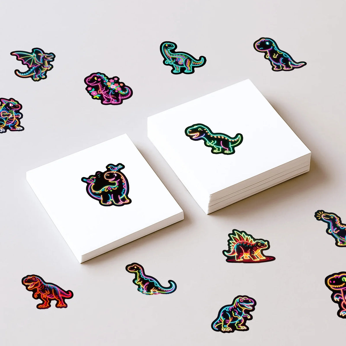 Collection de stickers graffiti colorés de dinosaures et d'animaux éparpillés sur une surface blanche.
