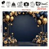 A 59-inch flat navy blue and gold party backdrop banner featuring floral arrangements and balloons.