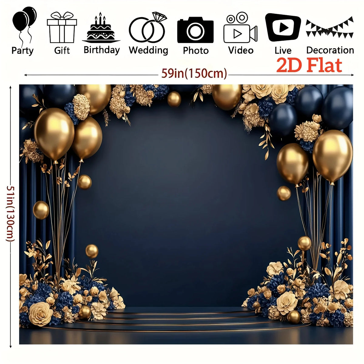 A 59-inch flat navy blue and gold party backdrop banner featuring floral arrangements and balloons.