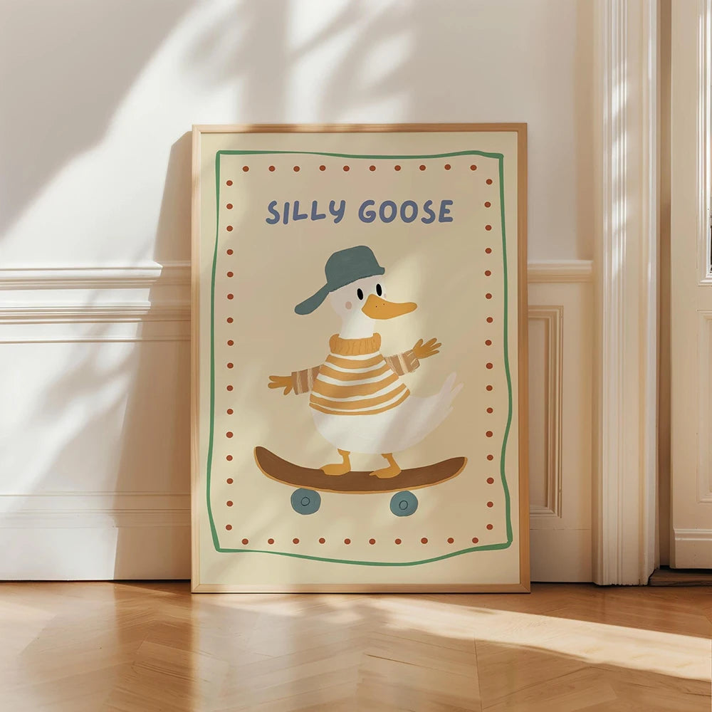 A framed canvas print featuring a silly goose illustration with a blue hat and striped body on a light background.