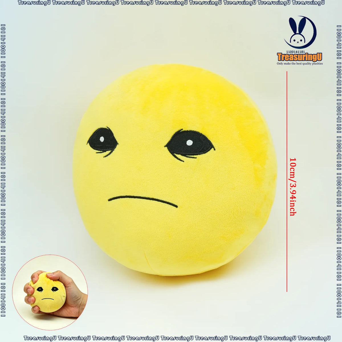 A yellow, round plush doll resembling a distressed face is shown next to a hand for scale.