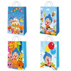A set of colorful circus theme birthday party decorations featuring cartoon characters and balloons on blue bags.