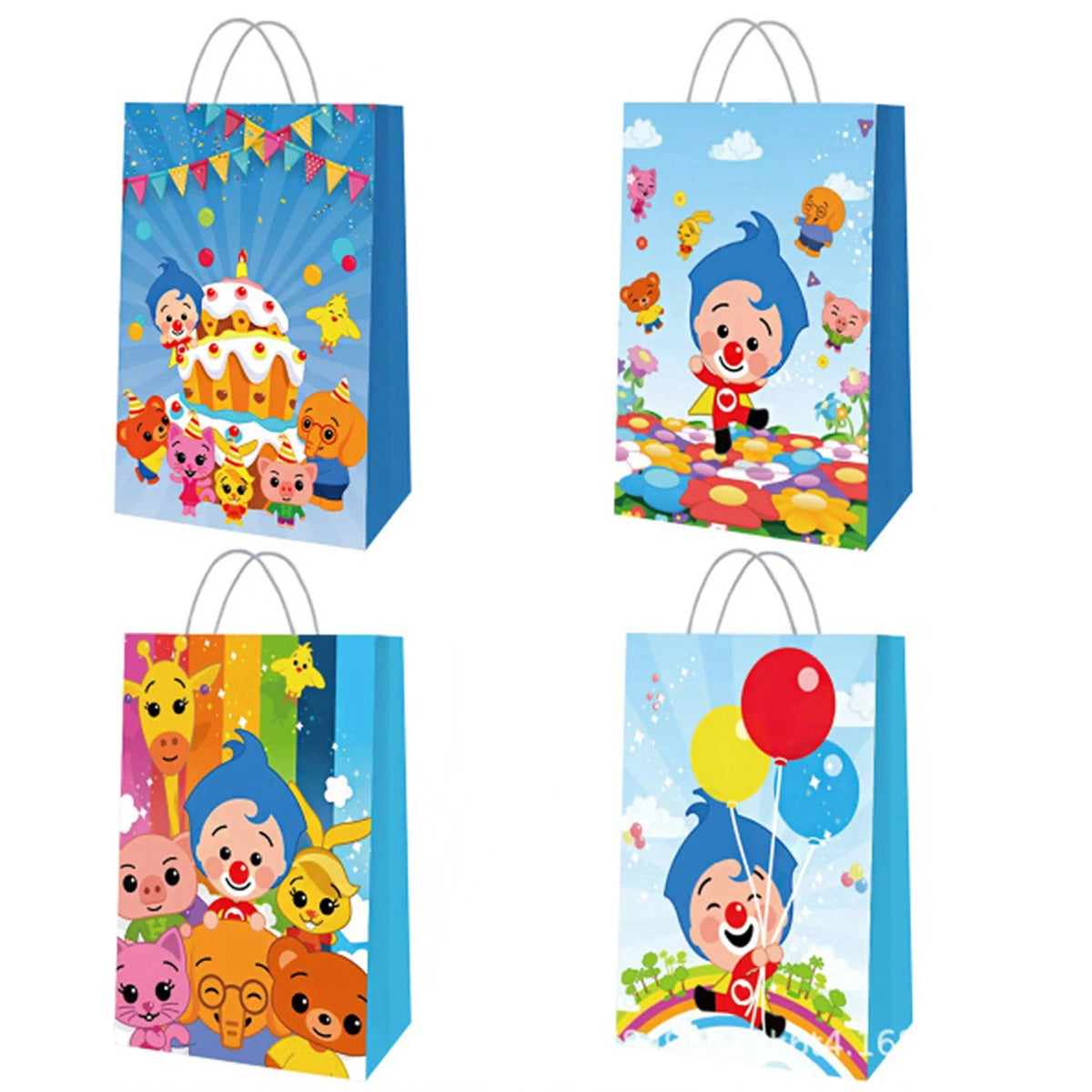 A set of colorful circus theme birthday party decorations featuring cartoon characters and balloons on blue bags.
