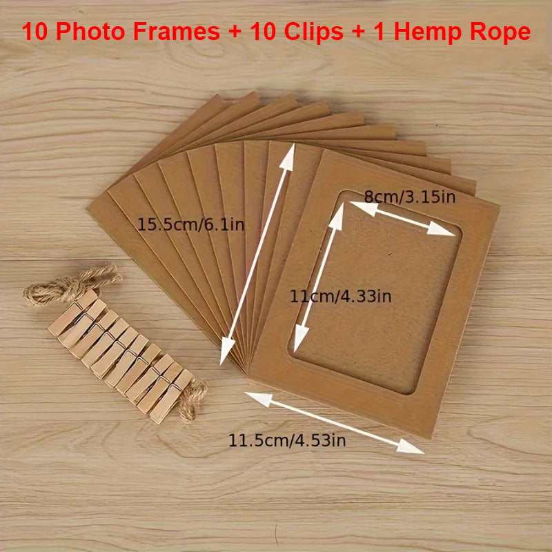 A set of ten brown kraft paper photo frames, ten clips, and one hemp rope laid out on a wooden surface.