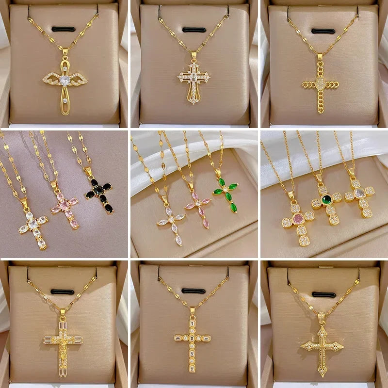 Gold Stainless Steel Crystal Cross Pendant Necklace