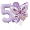 A set of purple foil balloons shaped like the number five and a butterfly