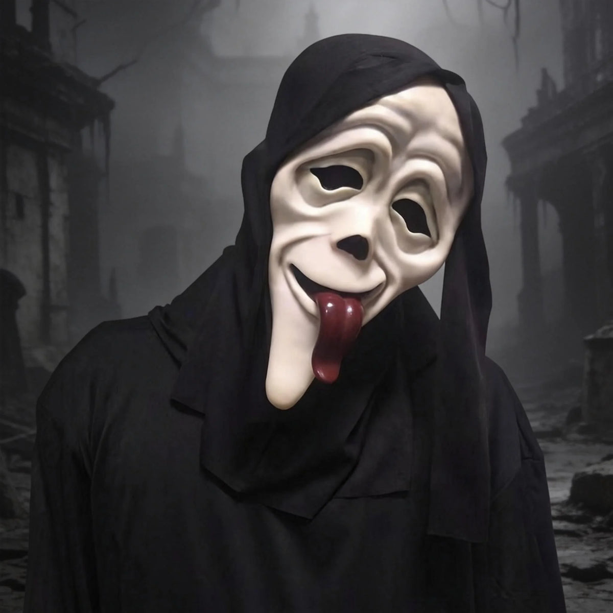 A white, stylized mask resembling a face with a protruding red tongue is worn by a figure in a black cloak amidst a foggy, da