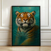 A painting of a tiger's face with black stripes and golden fur, set in a dark teal background.
