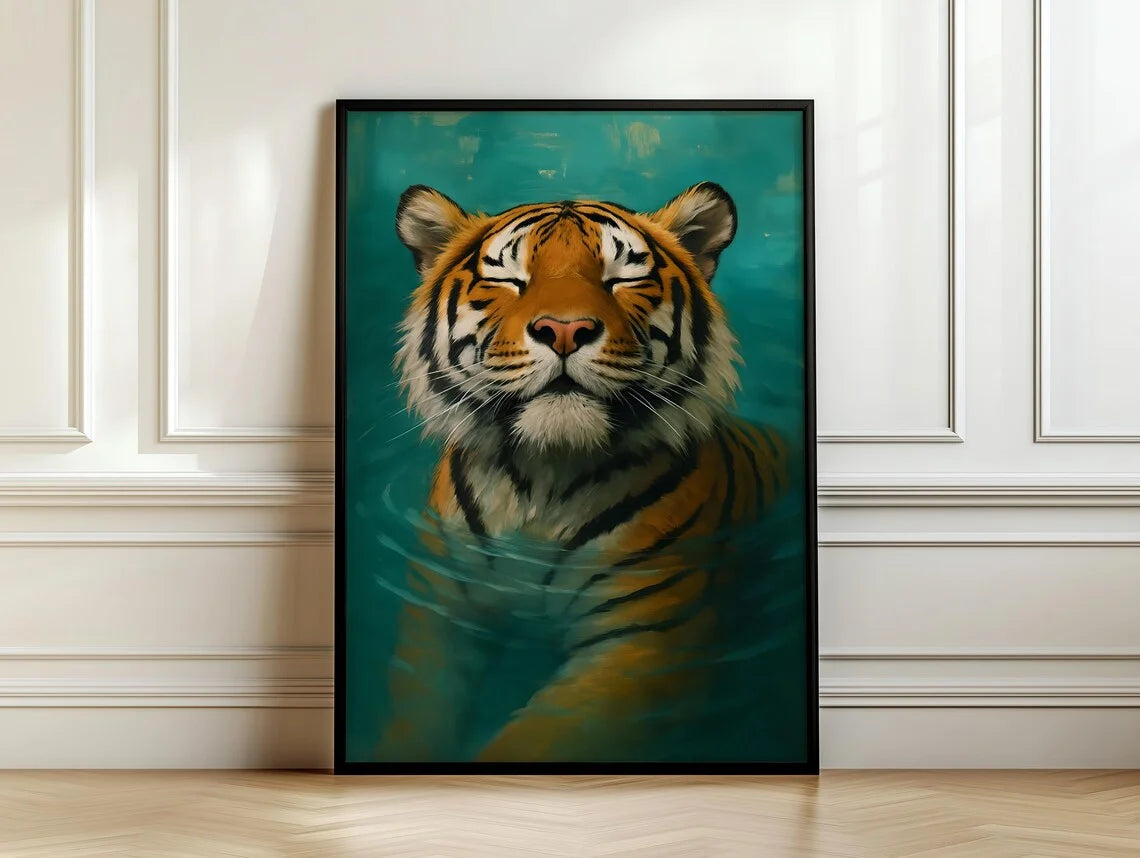 A painting of a tiger's face with black stripes and golden fur, set in a dark teal background.