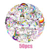 A colorful pile of unicorn-themed party supplies featuring various unicorn characters and designs.