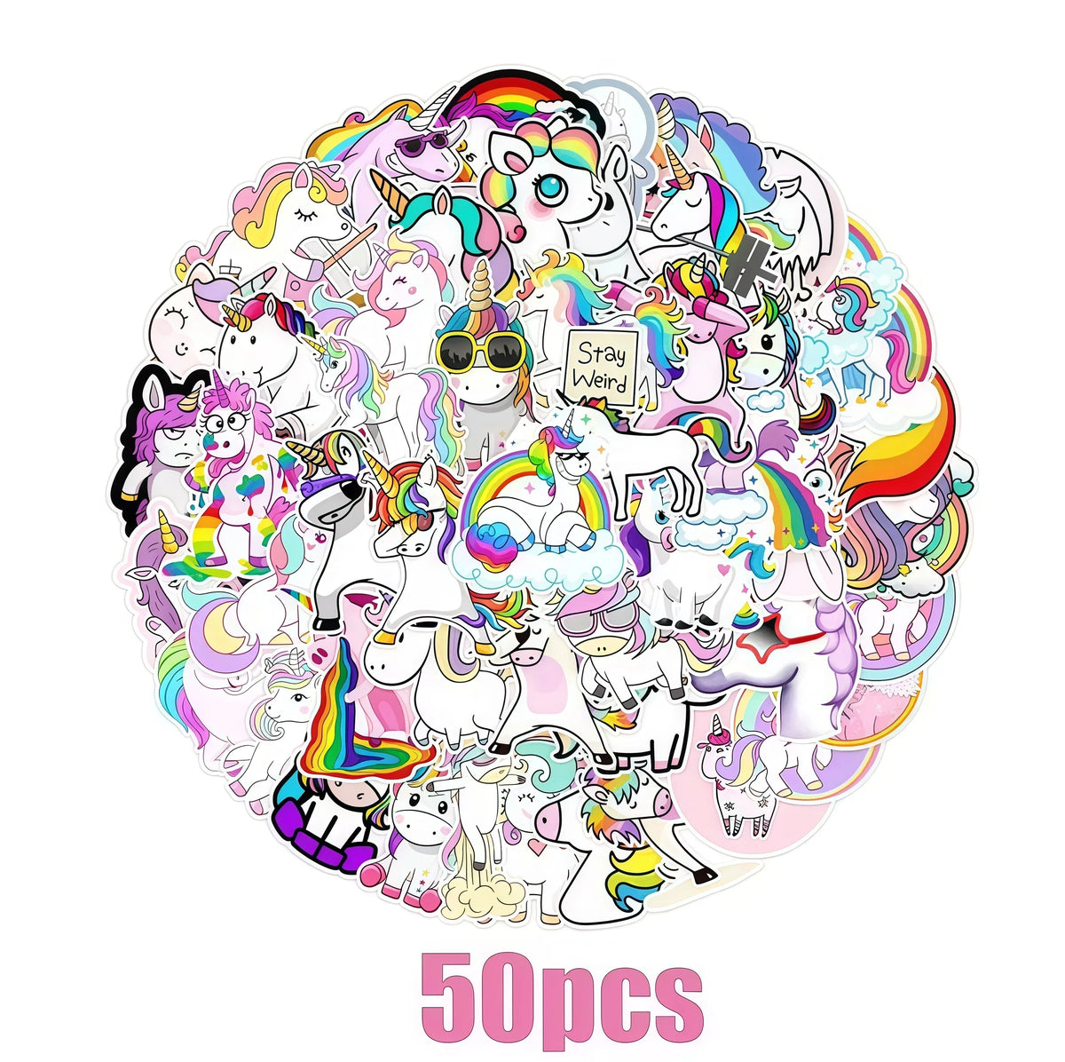 A colorful pile of unicorn-themed party supplies featuring various unicorn characters and designs.