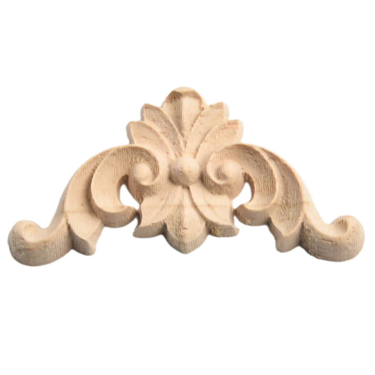 Wooden carved corner applique in a light natural wood tone