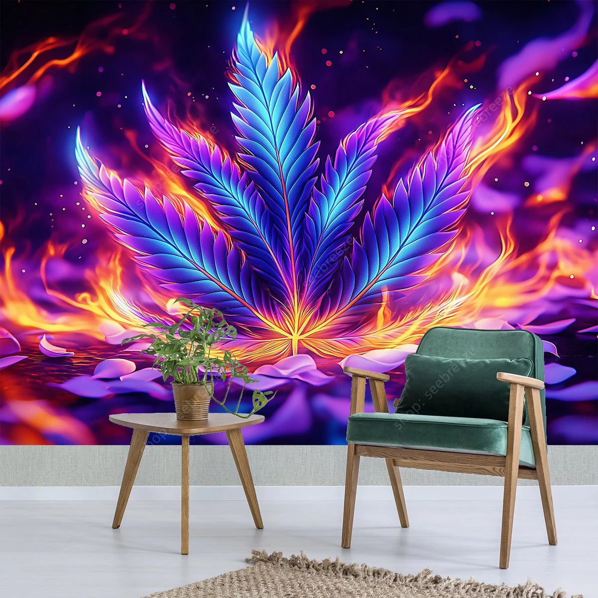 A vibrant tapestry featuring a neon blue cannabis leaf surrounded by fiery orange and purple flames.