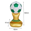 A standing soccer balloon featuring a green and white football on top, supported by a gold base.