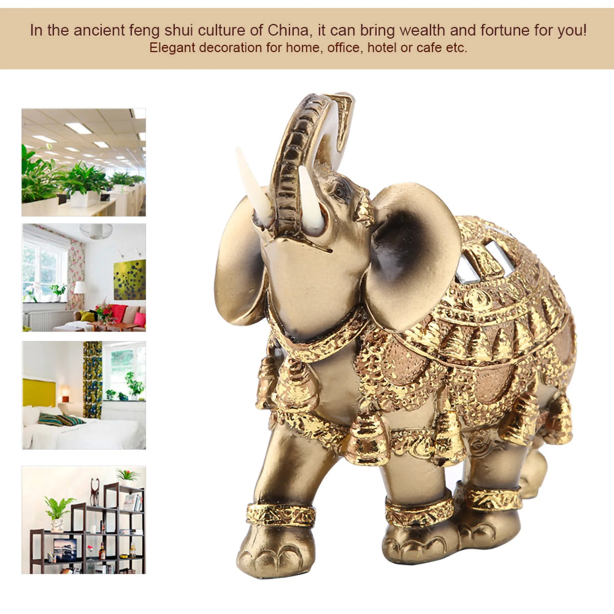 A golden elephant statue used for elegant decoration in Feng Shui for wealth and good fortune.