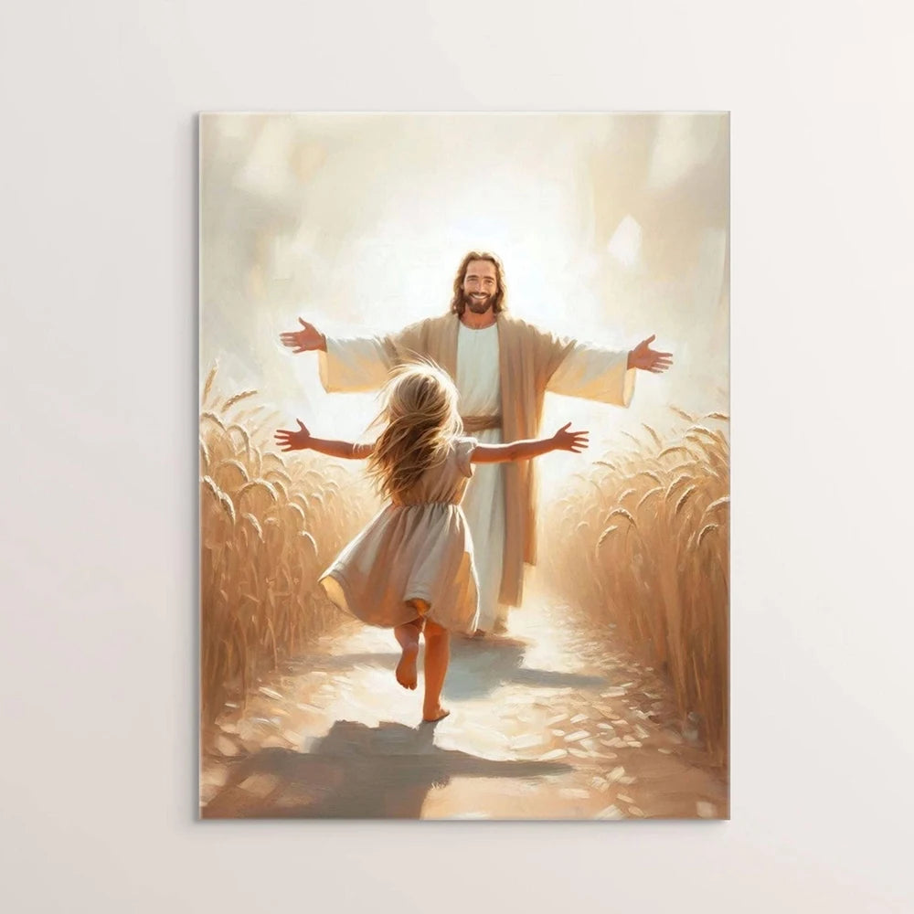 A painting depicting Jesus Christ walking down a path surrounded by tall golden wheat stalks.