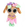 A soft stuffed animal plush toy with brown ears, purple accents, and pink clothing.