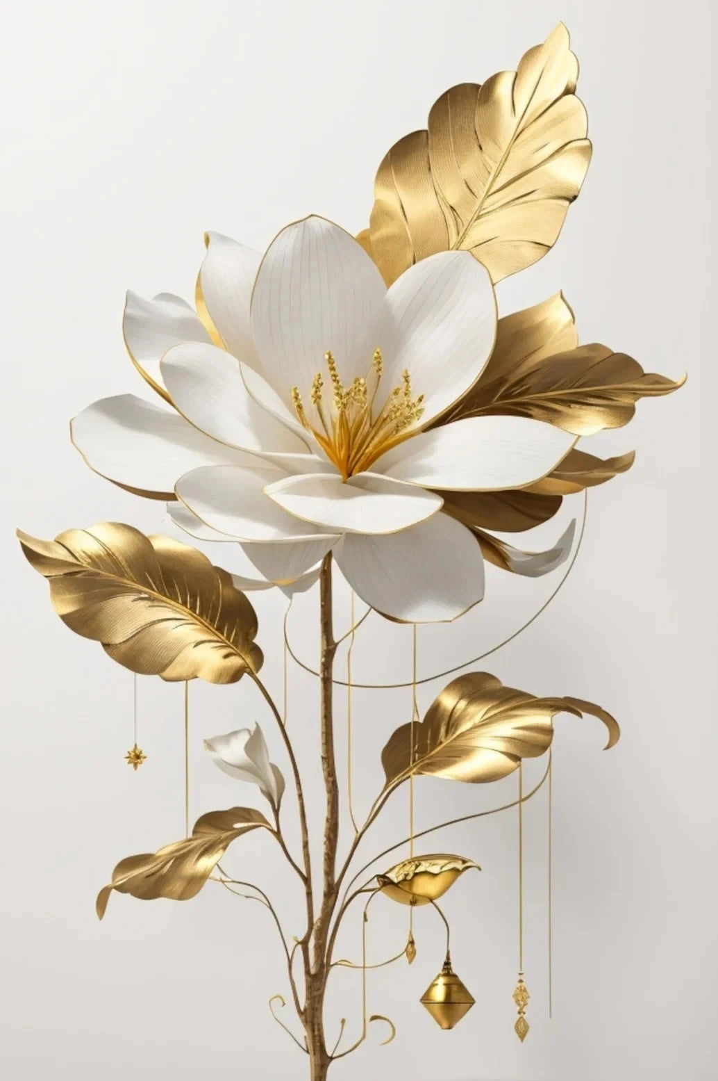 Arreglo floral dorado y blanco con grandes pétalos y hojas en un tallo esbelto