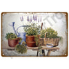 A vintage metal tin sign featuring a watercolor painting of potted lavender and greenery on a wooden surface.