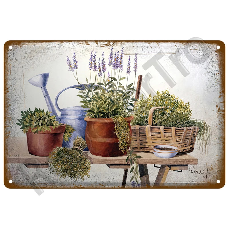 A vintage metal tin sign featuring a watercolor painting of potted lavender and greenery on a wooden surface.