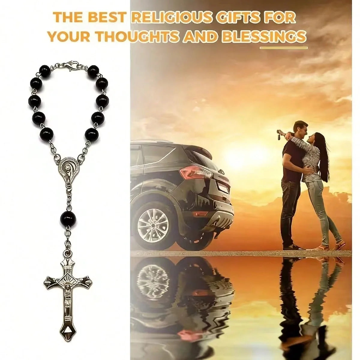 Elegant rosary car pendant and bracelet set displayed against a sunset background.