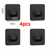 Four black stainless steel self-adhesive wall hooks with a curved hook shape shown in various views.