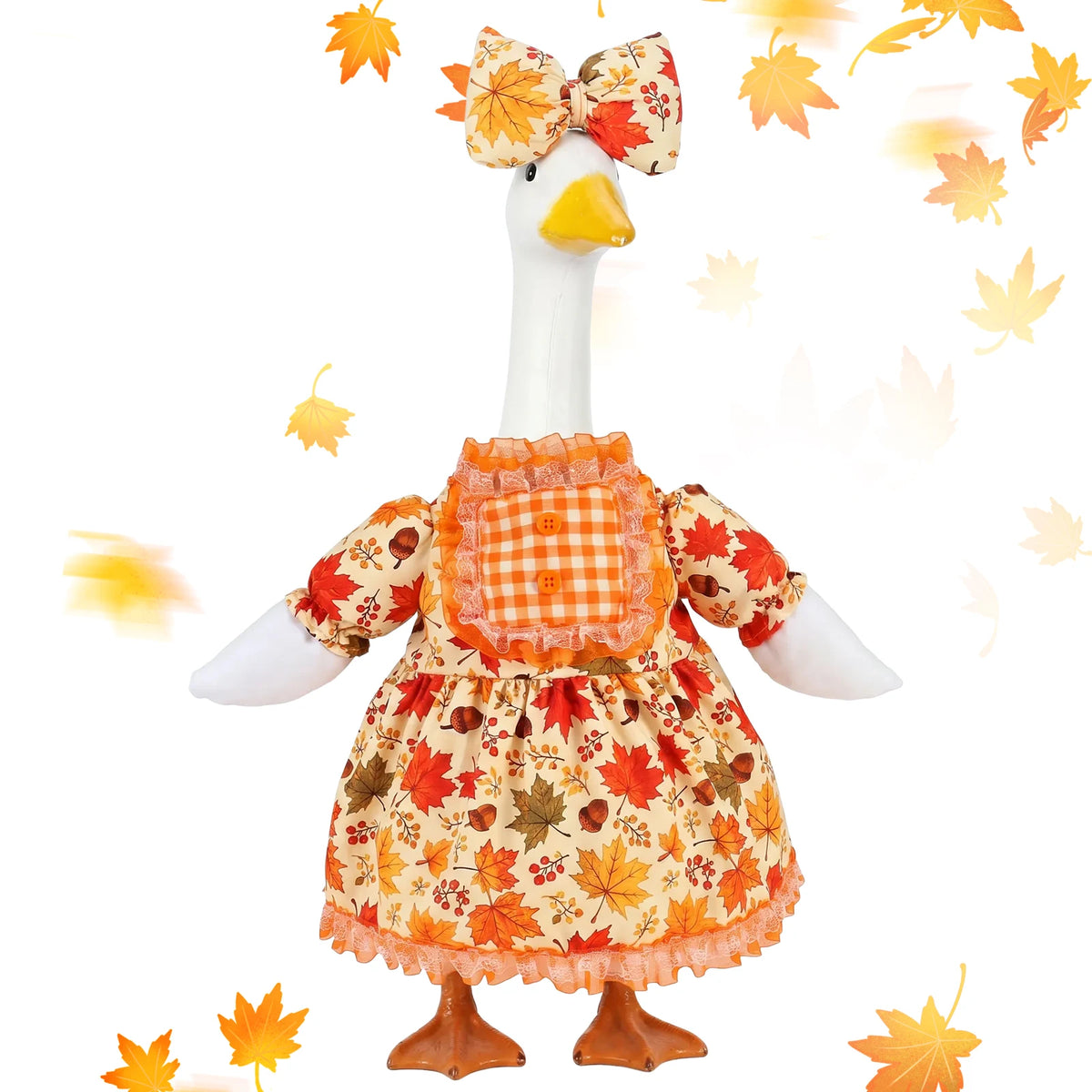 A white goose costume dress featuring autumn leaf patterns and a matching bow.