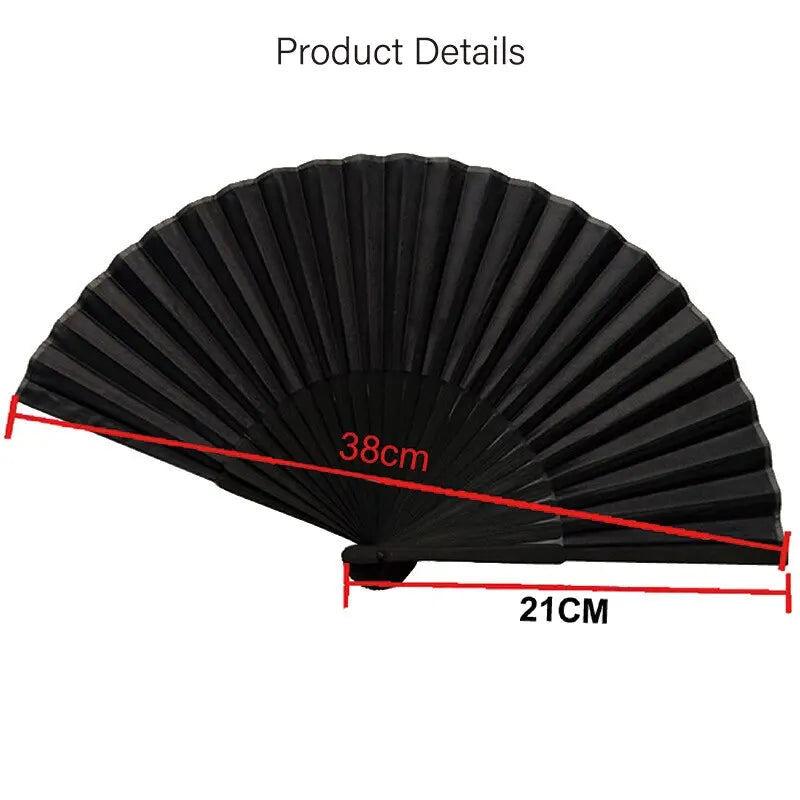 Black folding hand fan showing its size with a 38cm spread and 21cm width.