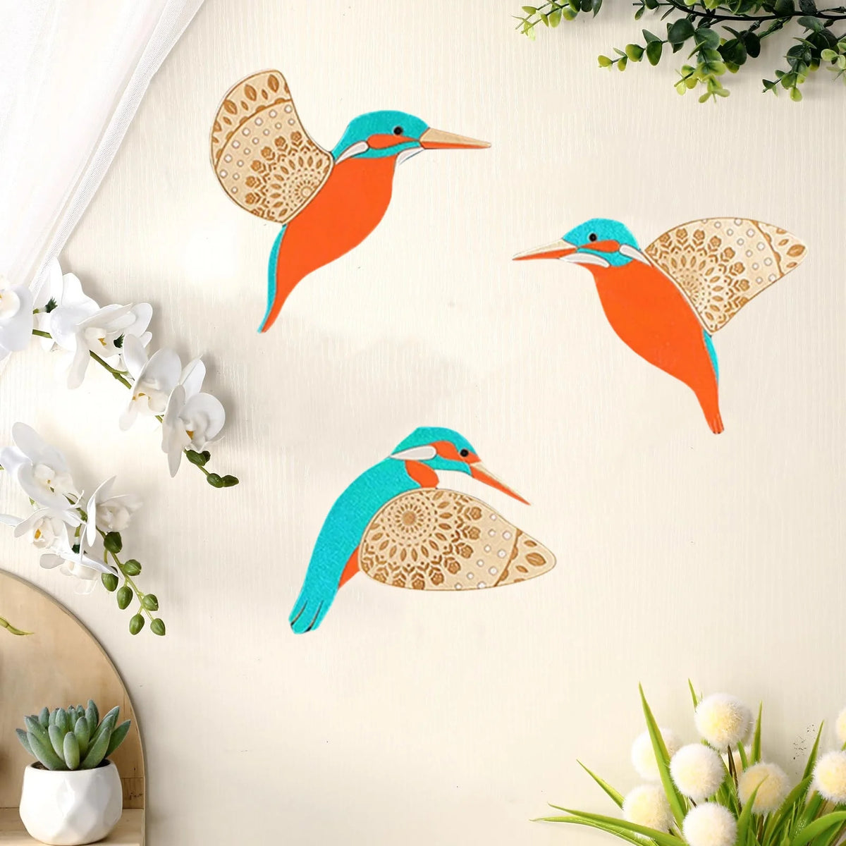 Set of three vintage wooden bird wall decorations in orange and turquoise colors