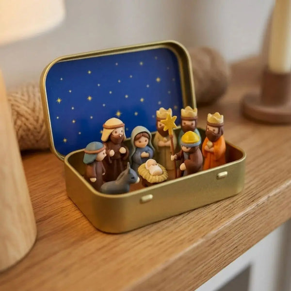 A hand-painted mini nativity set featuring figures and a star is displayed in a gold tin storage box.